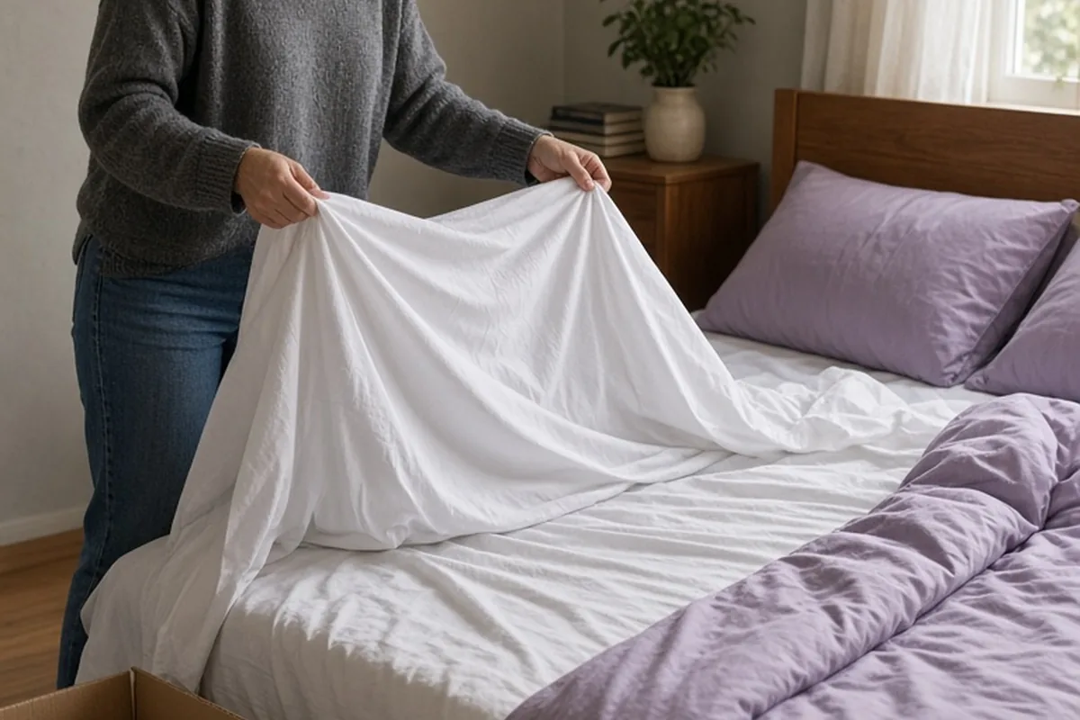 A woman in her early forties with shoulder-length wavy dark hair and casual gray sweater and blue jeans arranging new white sheets and lavender comforter on her bed in a bedroom with an open box of di