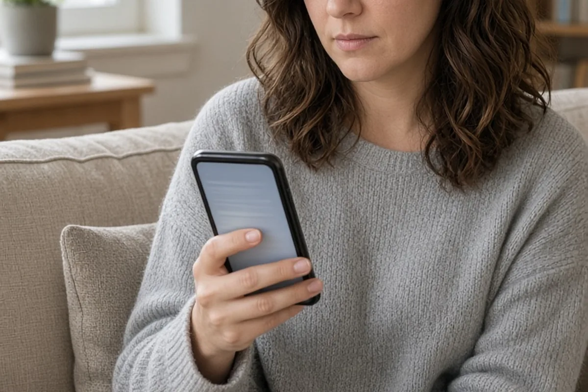 A woman sitting on a couch holding a smartphone and deleting a chat thread with her thumb, calm expression on her face
