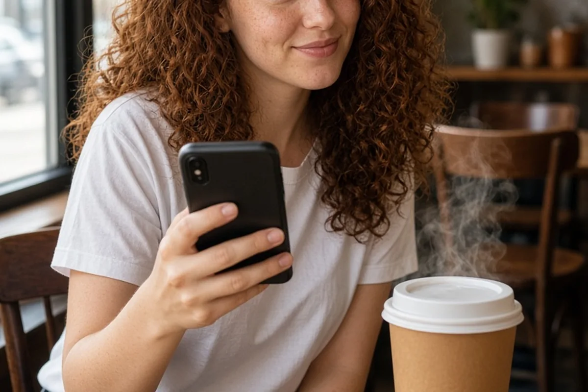 A woman with curly auburn hair in a coffee shop at a wooden table, holding her phone and a large coffee cup, smiling playfully.
