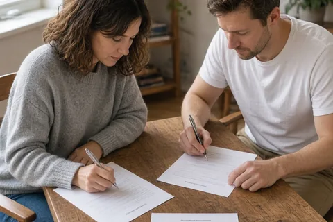 A woman and a man seated at a wooden table each writing in a worksheet with pens, focused and silent.