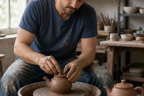 A man with short dark hair in a casual t-shirt carefully shaping a clay teapot in an artisan ceramics workshop studio