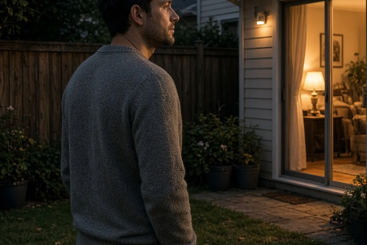 A man in his early thirties with short dark hair wearing a casual gray sweater and jeans standing in a suburban backyard at dusk, gazing at the house