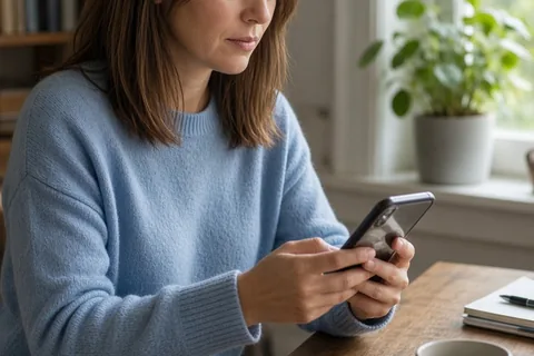 A clearly adult woman in her early thirties with shoulder-length straight brown hair wearing a casual light blue sweater and jeans sits at a wooden desk in her home office holding a smartphone and typ