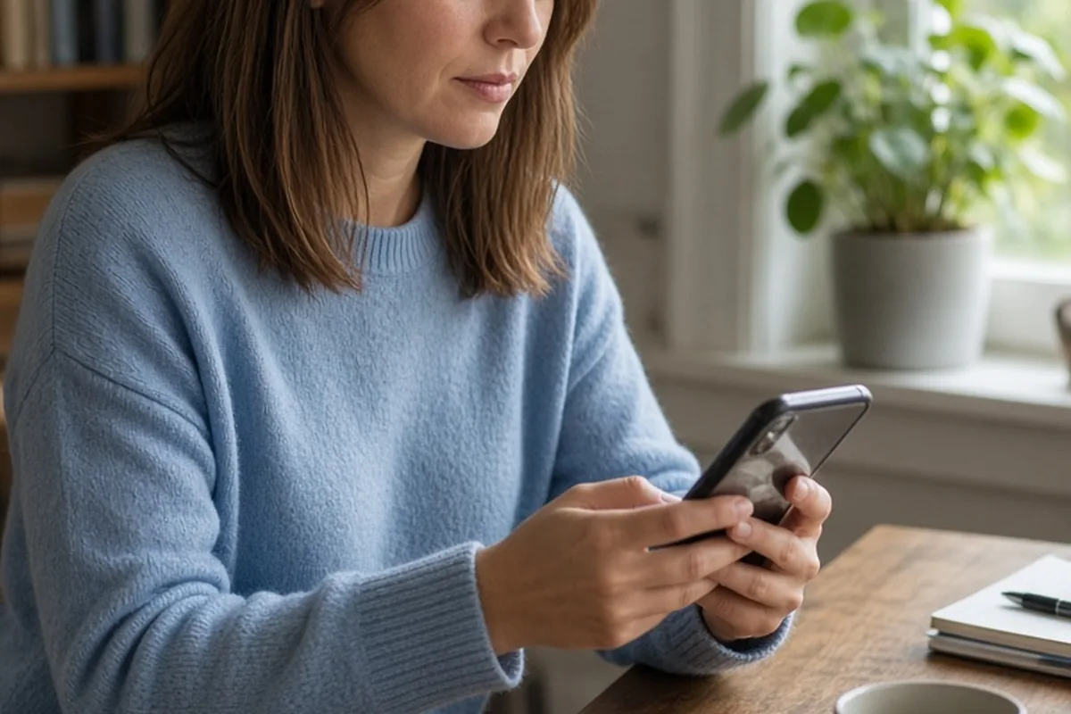A clearly adult woman in her early thirties with shoulder-length straight brown hair wearing a casual light blue sweater and jeans sits at a wooden desk in her home office holding a smartphone and typ