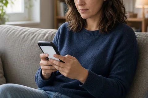 A clearly adult woman in her thirties with shoulder-length dark brown hair wearing a casual navy blue sweater and jeans sits on a comfortable sofa in a modern apartment living room, holding a smartpho