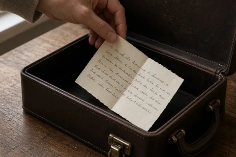 A close-up of a hand placing a handwritten love letter into an open briefcase on a wooden desk