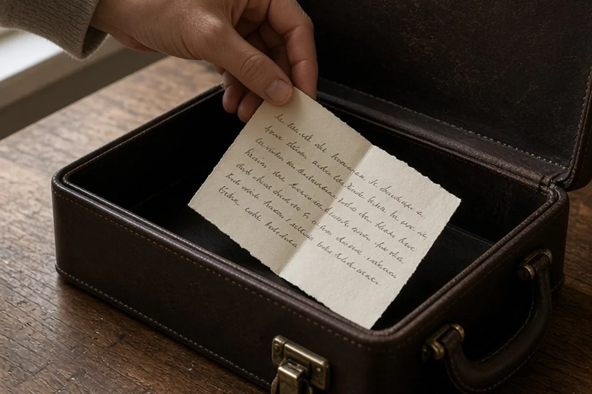 A close-up of a hand placing a handwritten love letter into an open briefcase on a wooden desk