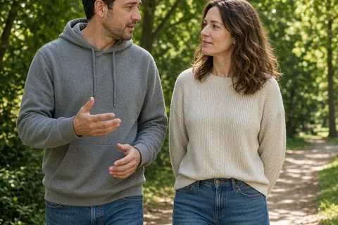 A man and woman walking on a park trail in conversation, the man gesturing as he speaks to the woman who listens with empathy