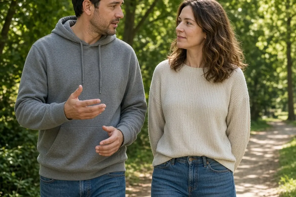 A man and woman walking on a park trail in conversation, the man gesturing as he speaks to the woman who listens with empathy