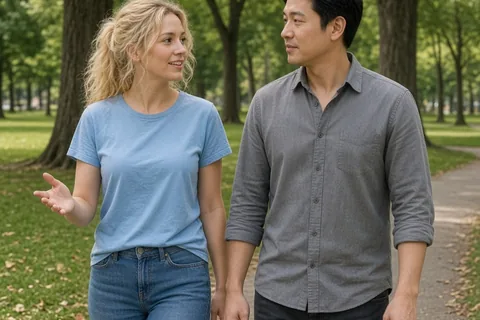 A woman with shoulder-length wavy blonde hair in a light blue t-shirt and a man with short black hair in a gray shirt walking and talking on a park path, the woman gesturing as she speaks to the man
