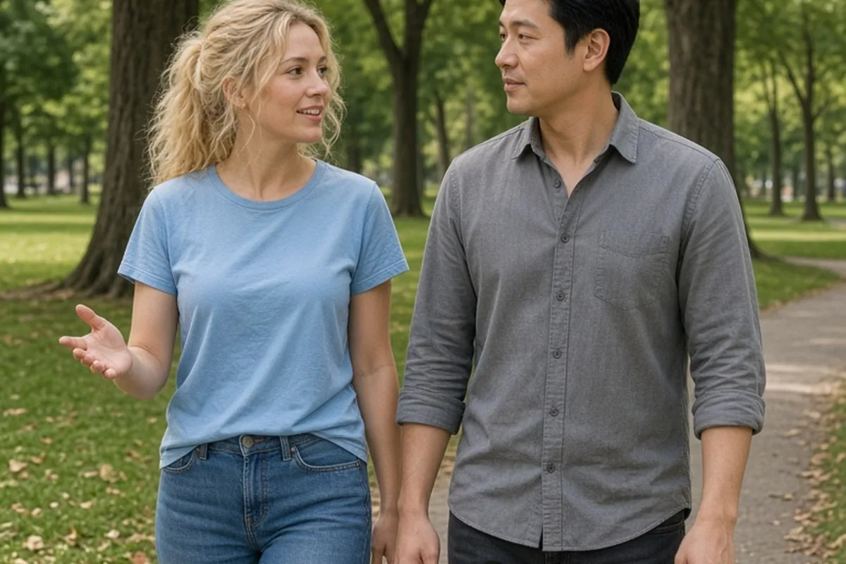 A woman with shoulder-length wavy blonde hair in a light blue t-shirt and a man with short black hair in a gray shirt walking and talking on a park path, the woman gesturing as she speaks to the man