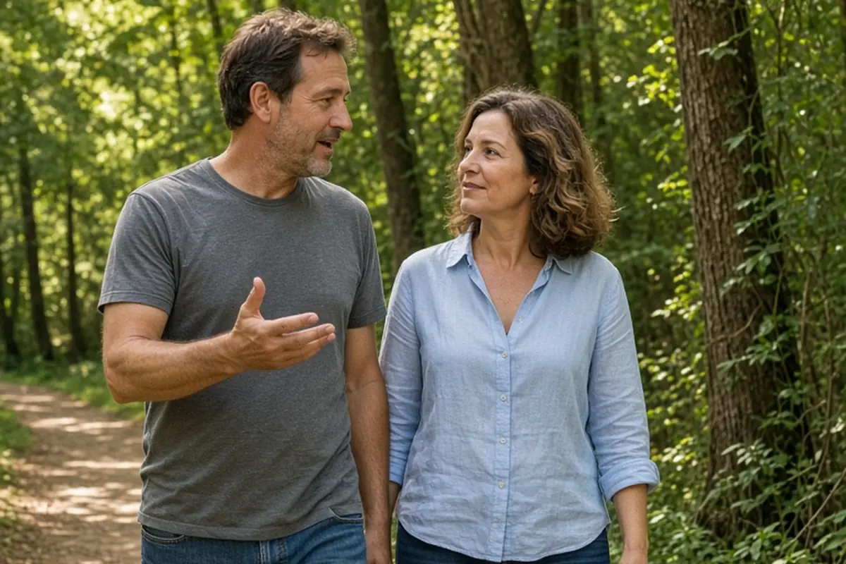 A man and woman walking on a wooded path, the man gesturing while speaking to the woman who listens with a warm expression.