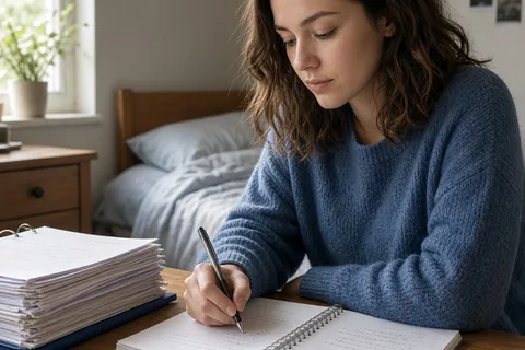 A young woman in her early twenties with shoulder-length wavy brown hair sitting at a wooden desk writing in a spiral notebook, a biology binder with papers visible on the desk beside her