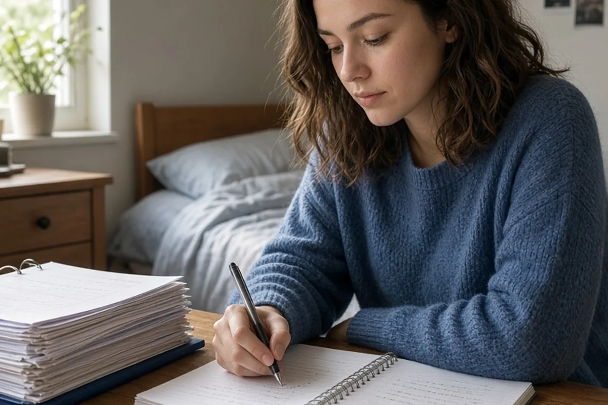 A young woman in her early twenties with shoulder-length wavy brown hair sitting at a wooden desk writing in a spiral notebook, a biology binder with papers visible on the desk beside her