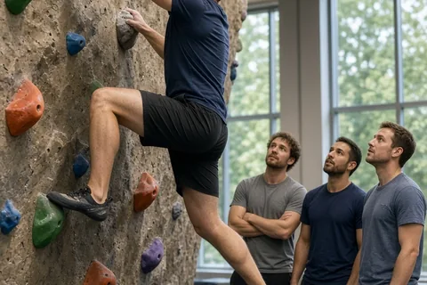 A man in his thirties with short brown hair climbing an indoor gym wall surrounded by friends in a community gym setting