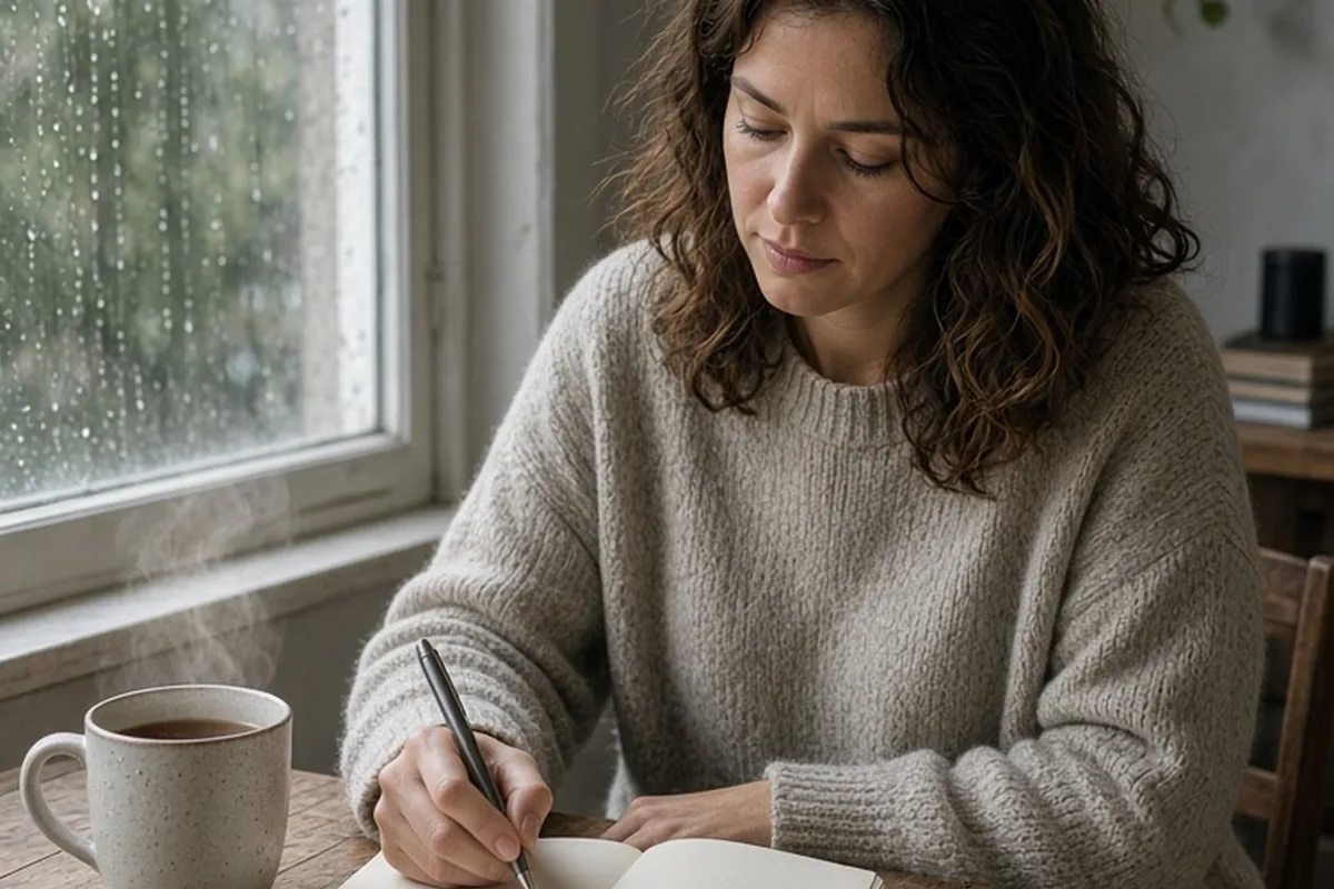 A woman in her thirties with shoulder-length wavy brown hair writing in a notebook at a desk, steam rising from a mug of tea, rain tapping the window