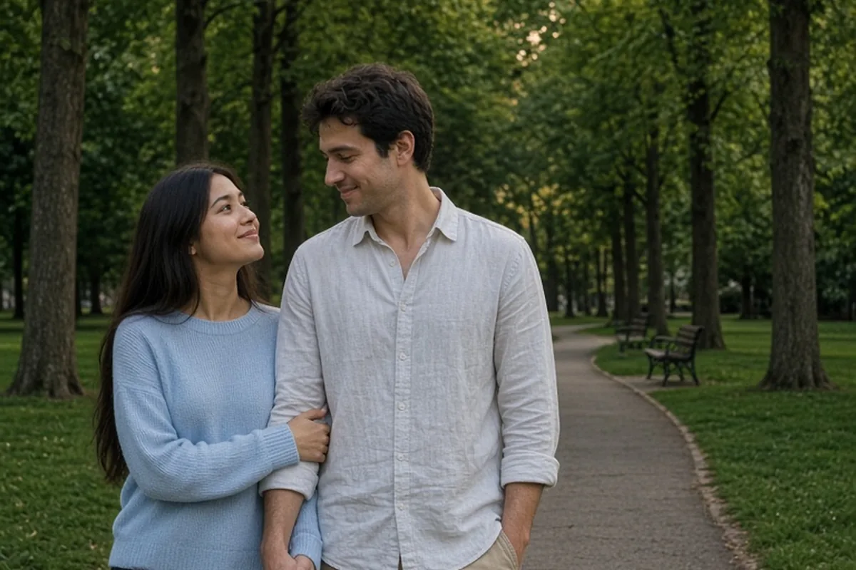 A man and a woman walking arm in arm in a park at dusk, the woman looking at the man affectionately while they hold hands