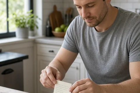 A man in his thirties with short brown hair placing a small card into a white coffee mug on a wooden kitchen table