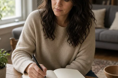 Woman in her mid-thirties with long wavy dark brown hair writing in a journal at a desk in a sunlit living room