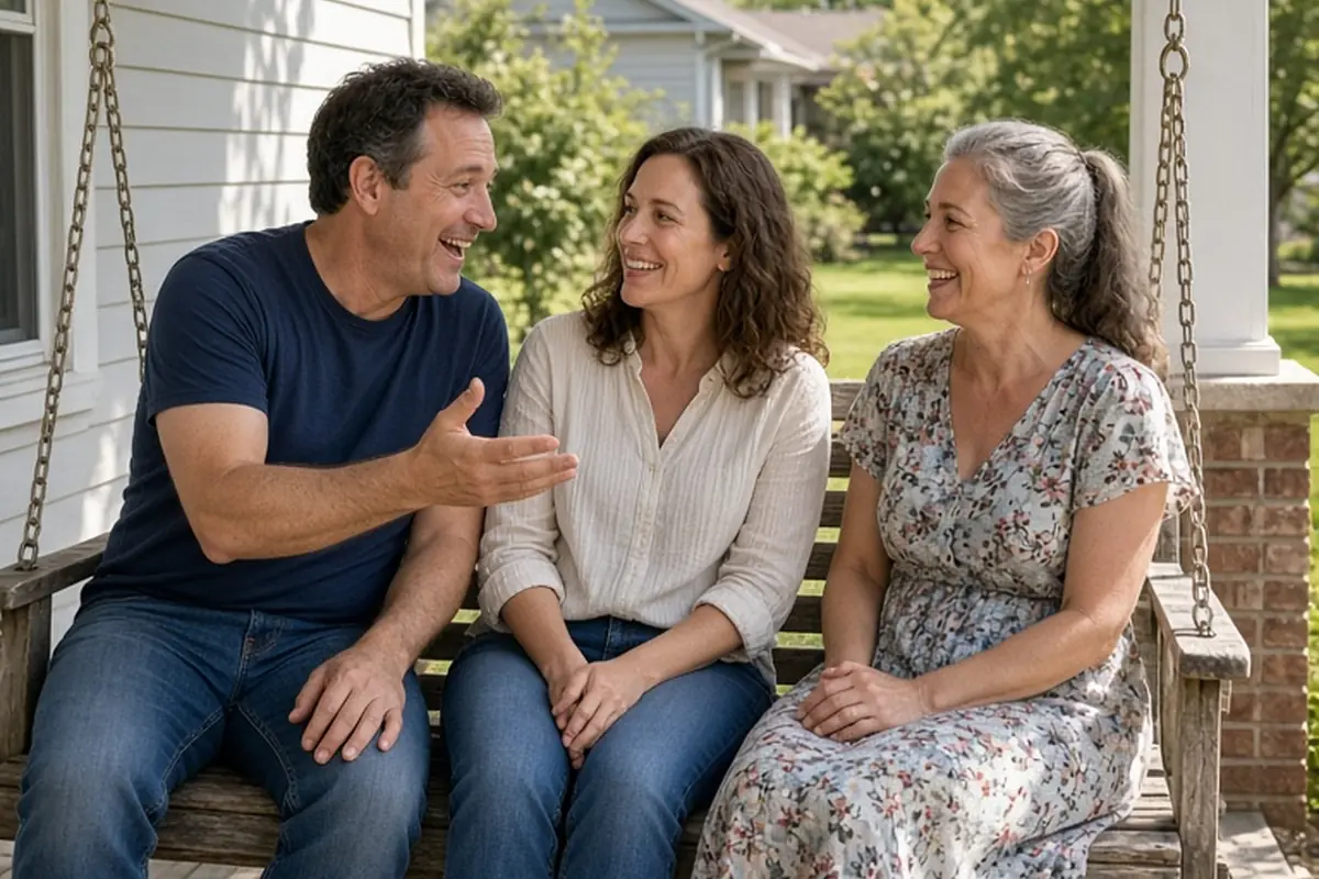 Three clearly adult cousins sitting on a wooden porch swing in a sunny backyard, laughing and chatting together