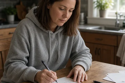 A woman with shoulder-length straight brown hair sitting at a kitchen table writing on a birthday card