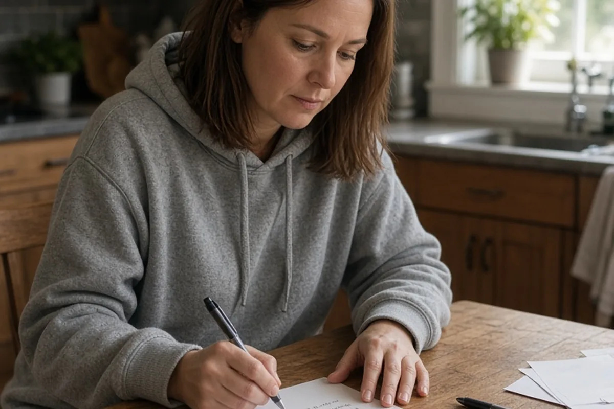 A woman with shoulder-length straight brown hair sitting at a kitchen table writing on a birthday card