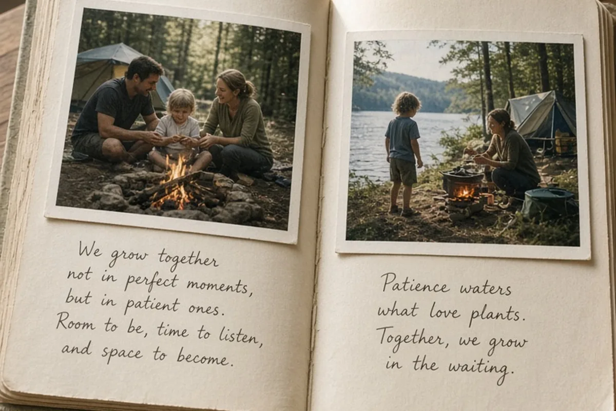 An open photo album on a wooden table displaying several candid family photos from a summer camping trip with handwritten quotes about growing together with patience placed alongside the images.