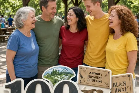 A multi-generational group of clearly adult family members posing together for a photo in a park pavilion, all wearing casual t-shirts.