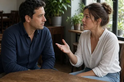 A mid-thirties man with short dark hair and an early-thirties woman with brown hair sitting at a cafe table, the woman gesturing as she talks to her partner about privacy boundaries.