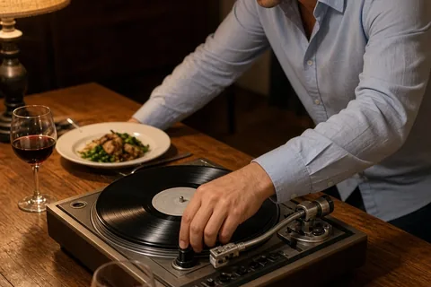A man at a dining table in a home turning down the volume on a vintage turntable during dinner