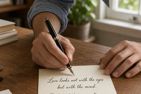 Close-up of a man's hands writing a love quote and personal memory on a note card at a desk in a home office