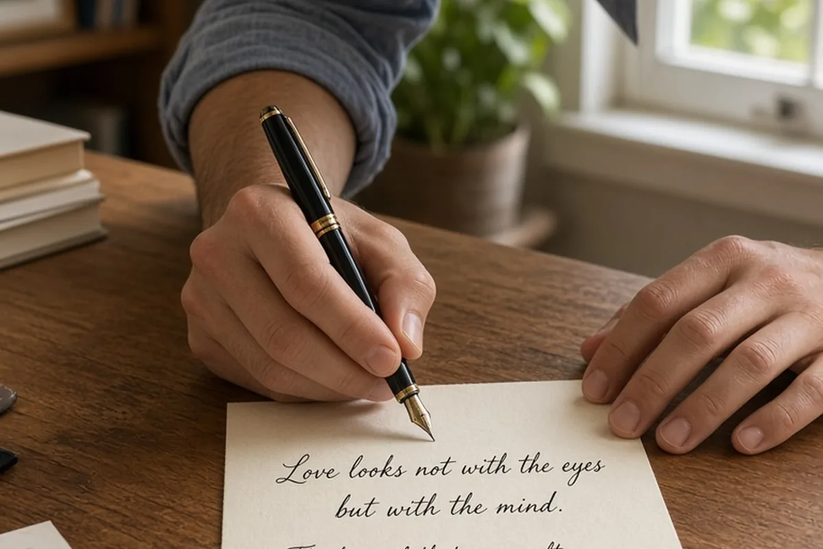 Close-up of a man's hands writing a love quote and personal memory on a note card at a desk in a home office