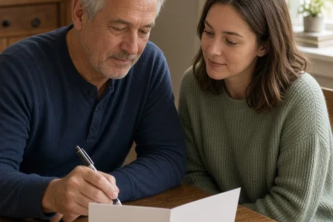 A father and daughter at a table, the father writing a note in a card