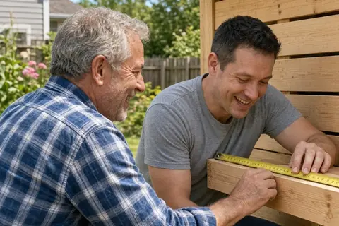 Father and son in backyard measuring shed with tape, father laughing off mistake