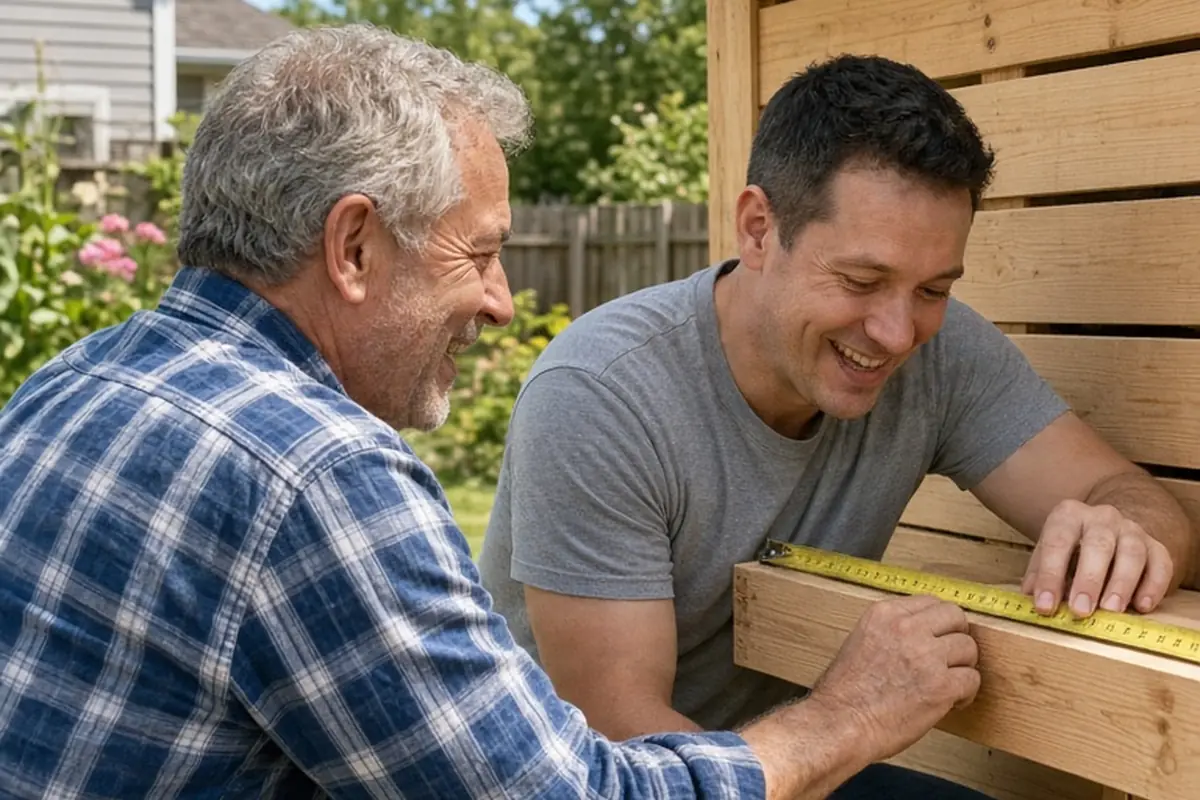 Father and son in backyard measuring shed with tape, father laughing off mistake