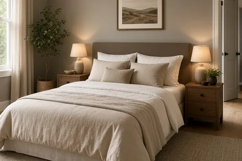 A large queen-sized bed positioned centrally in a bedroom against a solid wall with clear access on both sides, flanked by matching nightstands with lamps, in soft warm lighting with neutral beige and