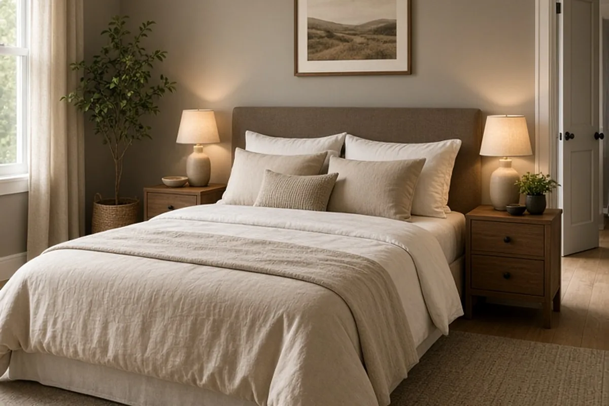 A large queen-sized bed positioned centrally in a bedroom against a solid wall with clear access on both sides, flanked by matching nightstands with lamps, in soft warm lighting with neutral beige and