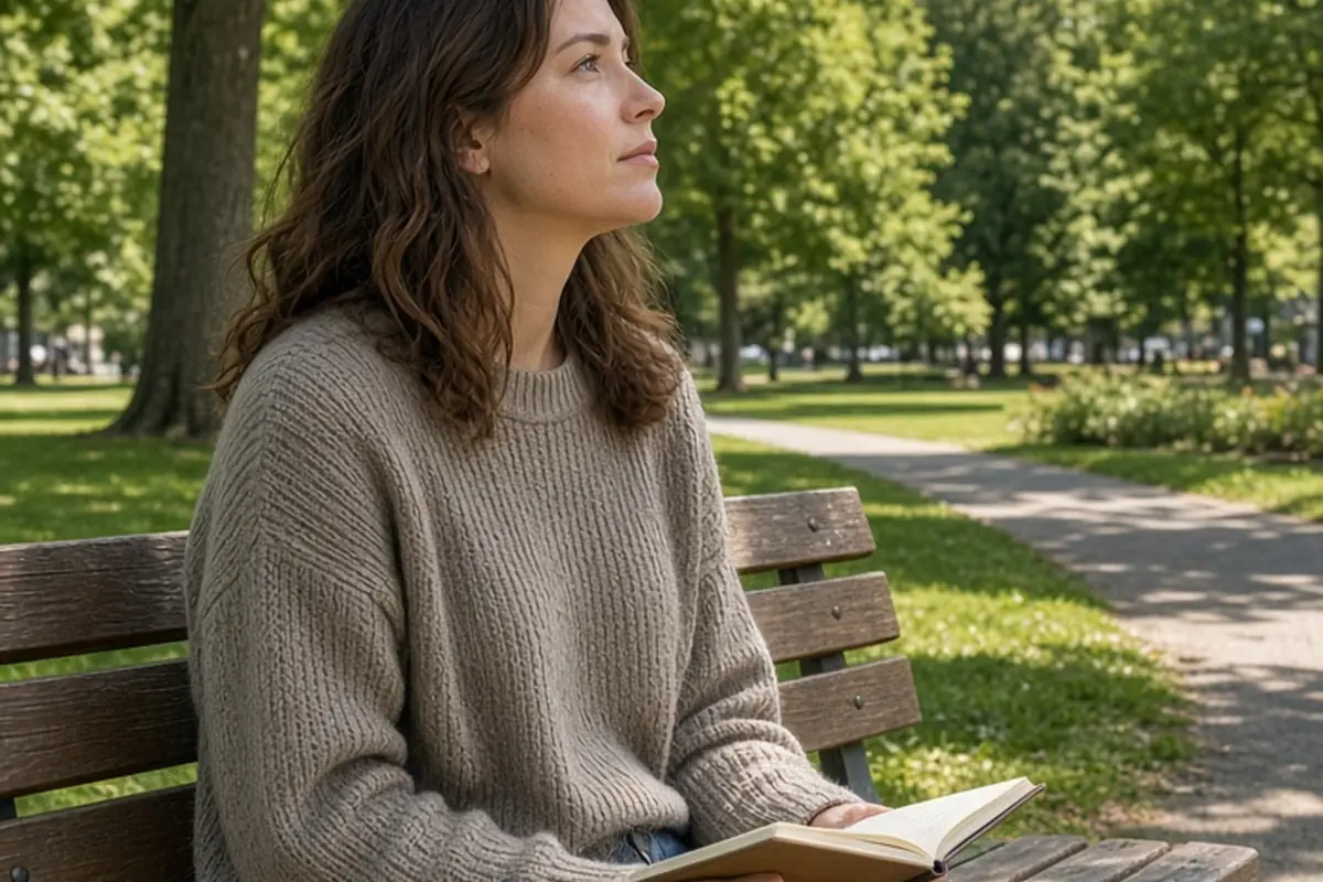 A woman in her thirties sitting alone on a park bench, holding a small notebook and gazing thoughtfully at the trees with a calm expression