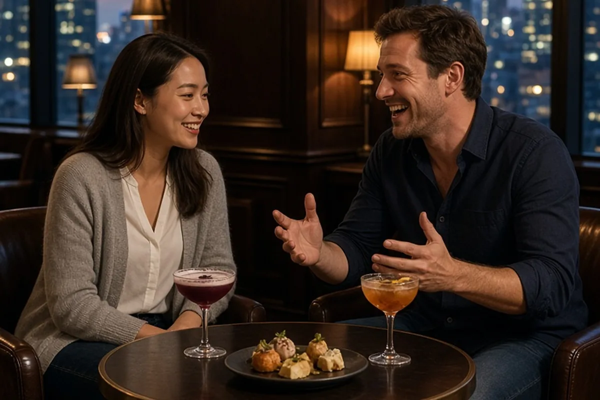A woman and man at a table in a cocktail lounge, smiling and laughing while conversing with cocktails nearby.