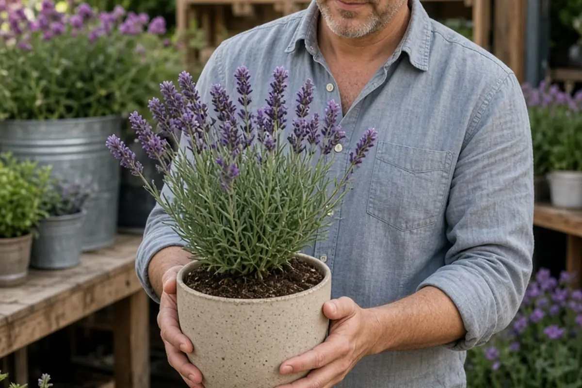 A clearly adult man in his forties holding a potted lavender plant in a flower market, examining its blooming purple flowers and green stems.