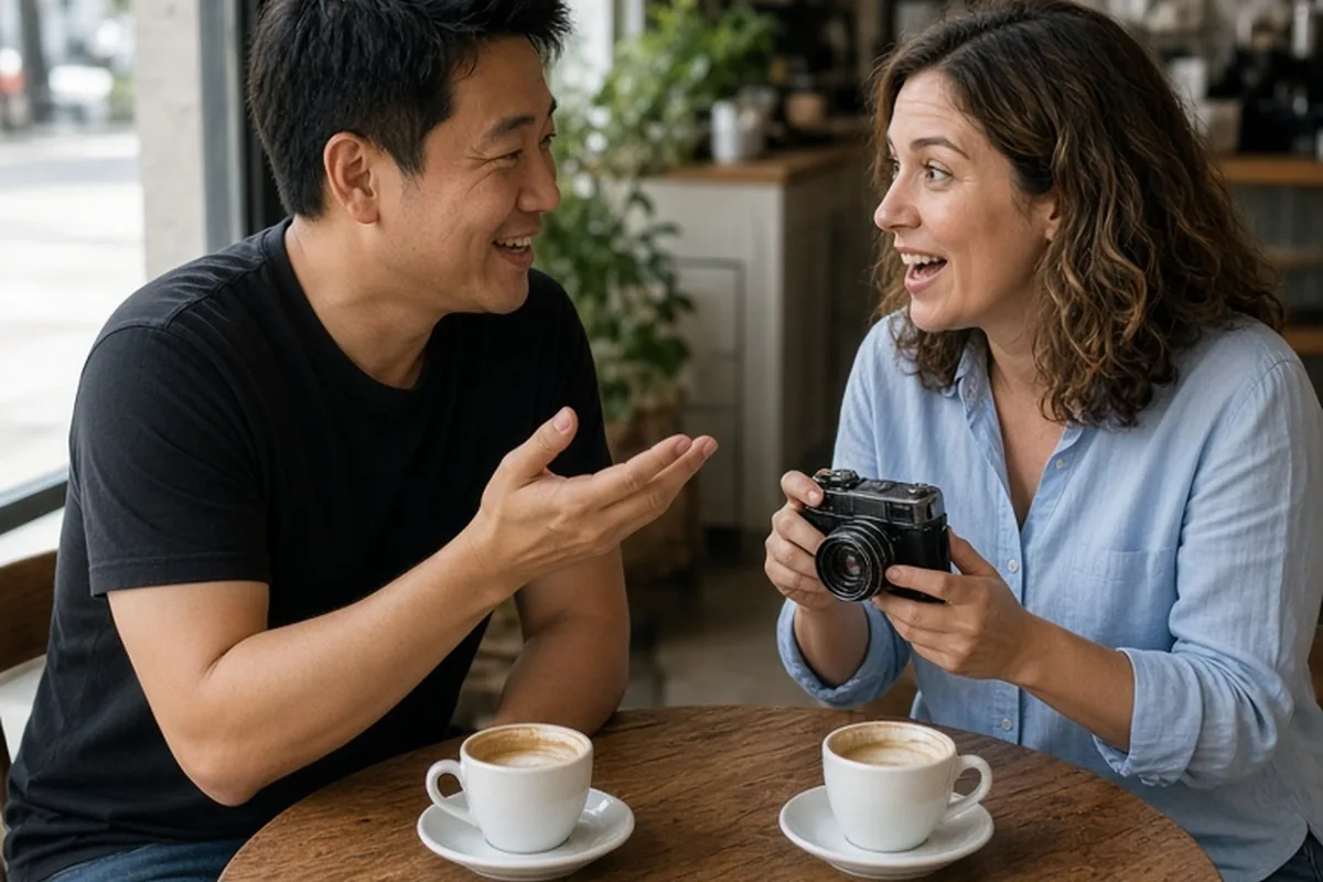 A man and a woman at a coffee shop table, the man gesturing while speaking and the woman listening with interest, coffee cups visible on the table.