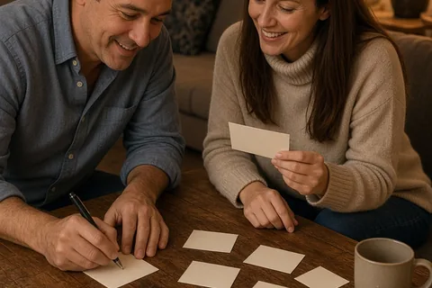 A couple in their living room playing a game of Partner Trivia with index cards at a wooden table, one writing a question while the other smiles and listens