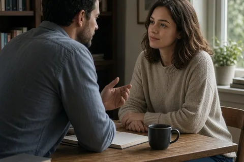 A man and a woman sitting at a desk in a library, with the man speaking to the woman