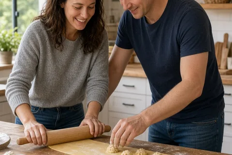 a couple making fresh pasta together at the kitchen counter