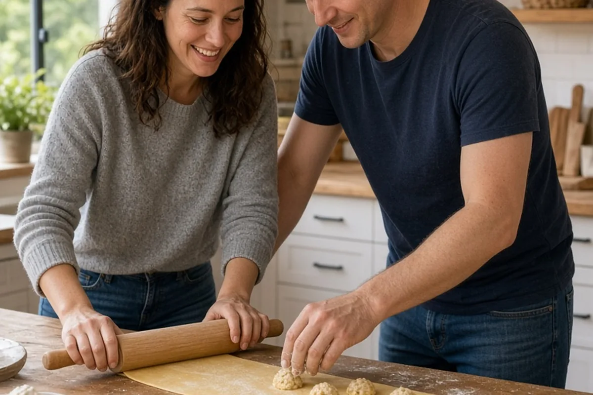 a couple making fresh pasta together at the kitchen counter