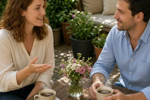A woman with wavy auburn hair in a cream blouse and a man with short brown hair in a blue shirt sitting at a patio table with coffee cups, engaged in conversation.