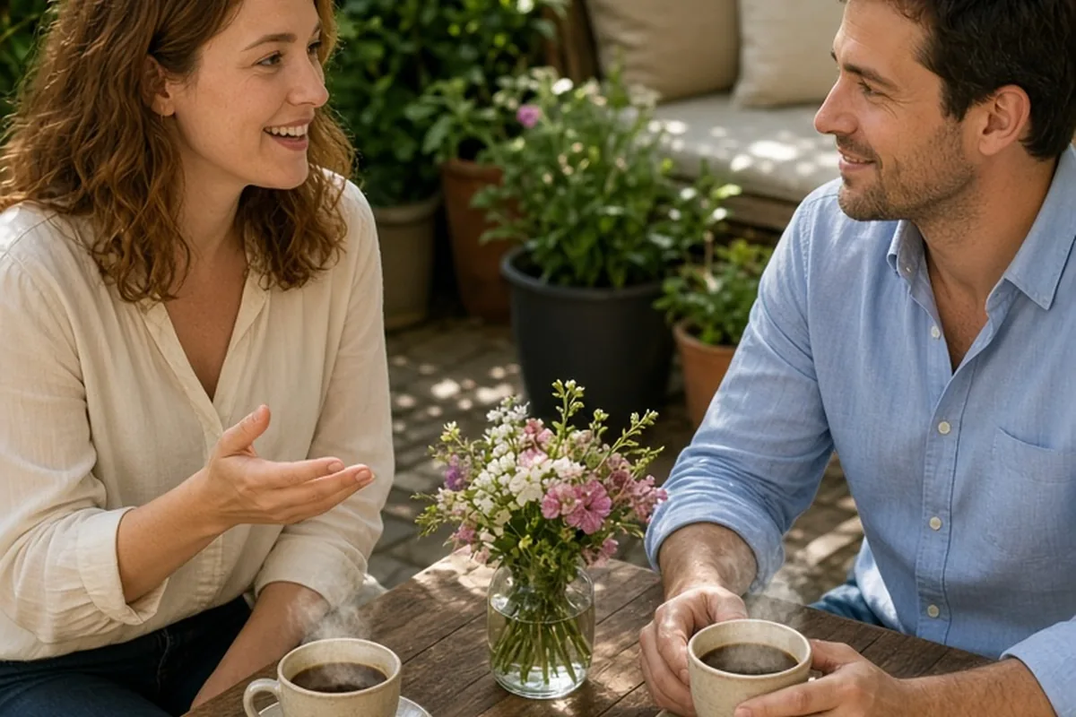 A woman with wavy auburn hair in a cream blouse and a man with short brown hair in a blue shirt sitting at a patio table with coffee cups, engaged in conversation.