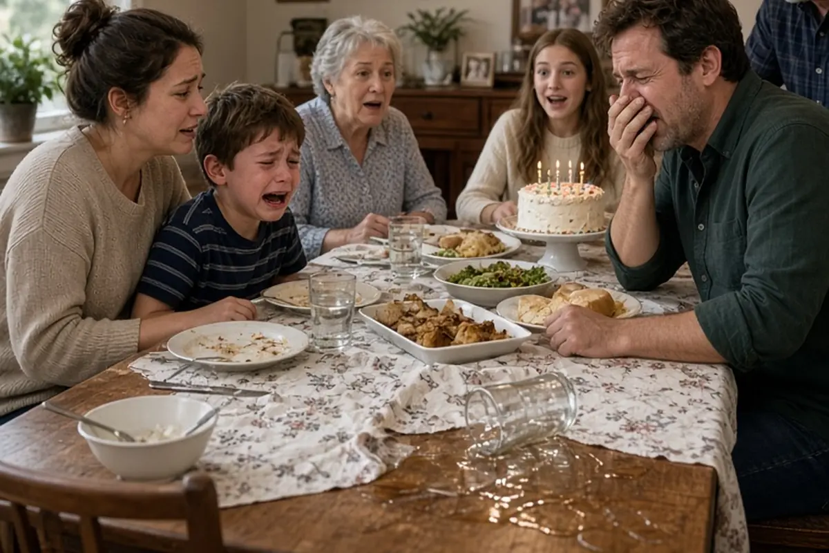 Family at a dining table with a crying toddler, spilled glass of water, and a man sneezing during a birthday dinner