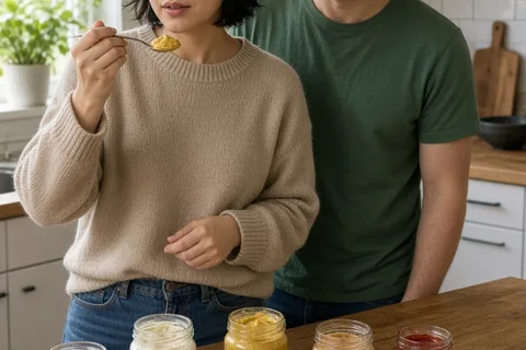 A blindfolded woman tasting mustard from a spoon in a kitchen with condiment jars on the counter, a man smiling nearby