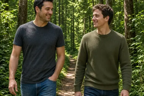Two adult brothers walking side by side along a forest trail in bright daylight.